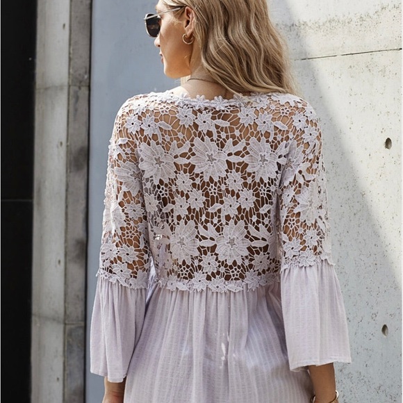 Crochet Flower Lace Button Bell Sleeve Blouse Top - Picture 2 of 5